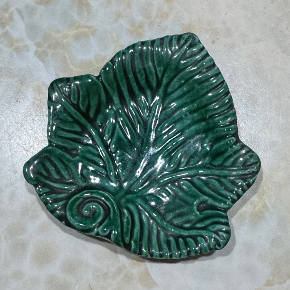 Vintage Portuguese Glazed Ceramic Leaf trinket dish